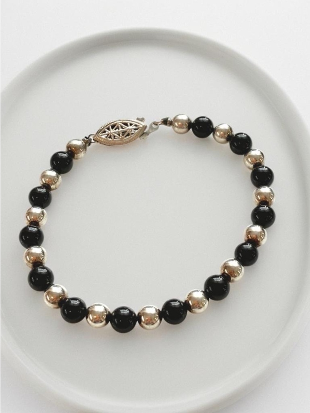 Beaded Onyx and Sterling silver Bracelet 6.75 inches.